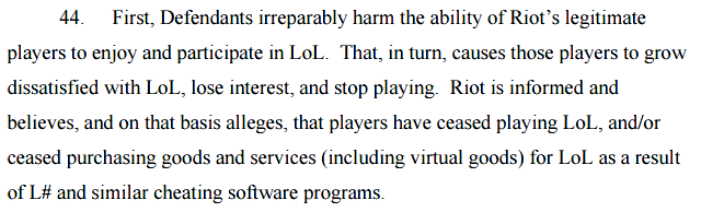 Riot's Lawsuit against LeagueSharp Section 44 showing damages @ Troupster.com